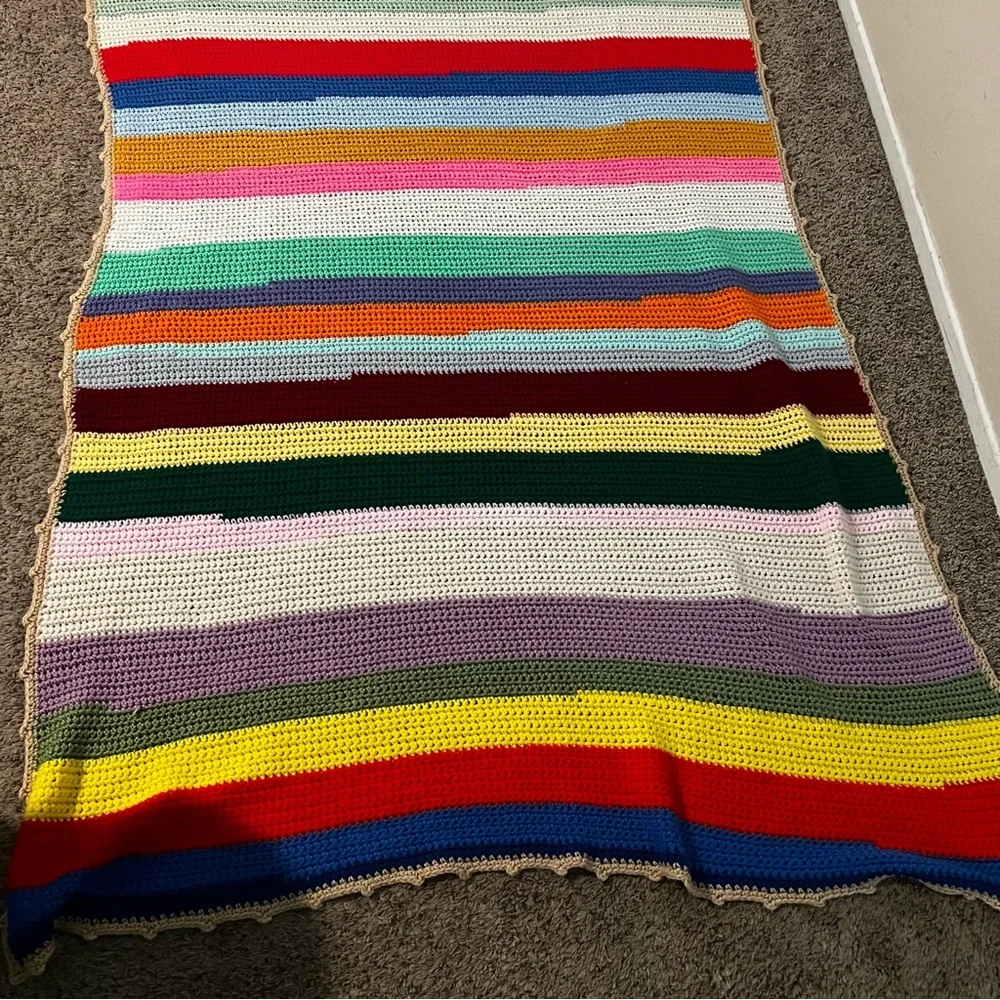 Handmade Crochet Knit Rainbow Stripe Throw Blanket for Bed or Couch Afghan